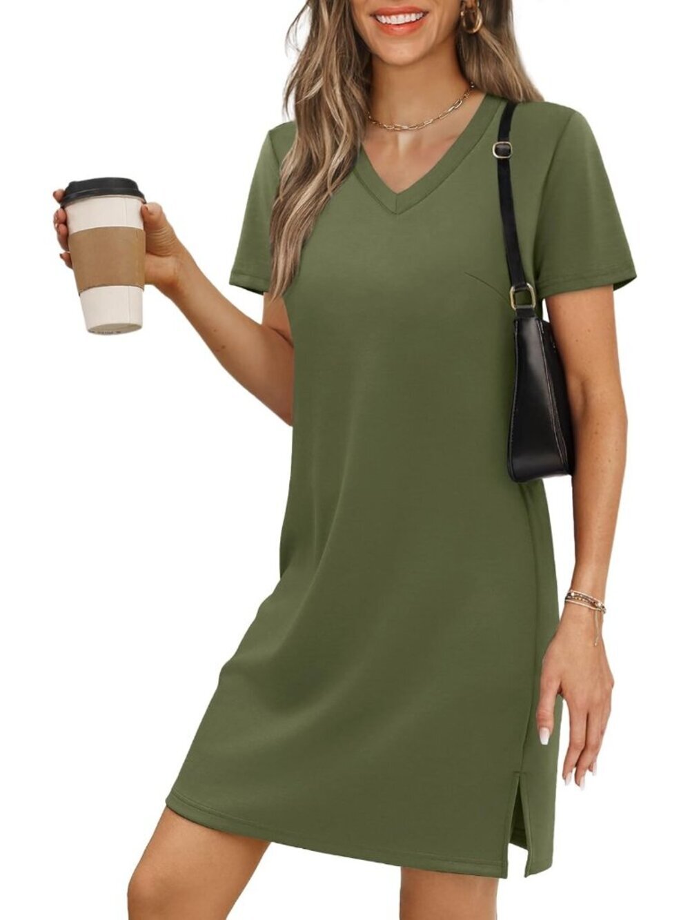 Women's Army Green V Neck Casual Summer Sundress Imported Pull On T Shirt